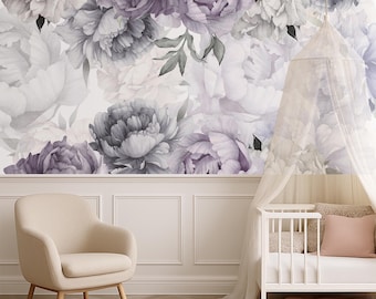 Peony Wallpaper Mural Nursery Girl. Purple Blue Bedroom Peonies Wall Art Flower Wallpaper  Remove Self Adhesive Wallpaper Peel & Stick X876