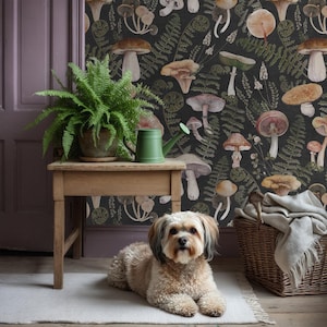 Dark Mushroom Wallpaper Roll Peel and Stick Bathroom, Magic Forest Wall paper Nursery Removable,  Fantasy Whimsical Wall Mural Bedroom Kids
