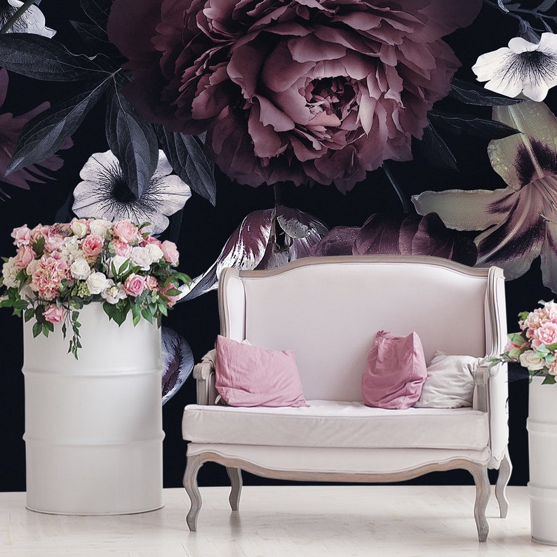 Dark Floral Wallpaper Girl Flower Wallpaper Mural Floral Wall Etsy