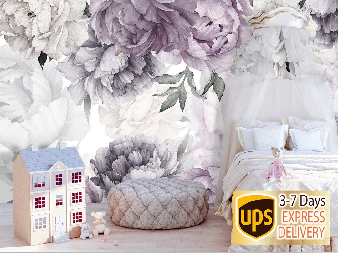 Purple Peony Wallpaper Mural Nursery Girl / Watercolor Peony - Etsy