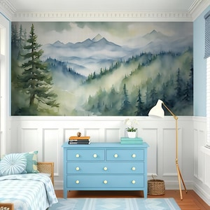 Mountain Wallpaper Peel and Stick Bedroom Serene Forest Mural with Foggy Pines Nature Wall Art for Nursery Cabin or Boho Woodland Decor MM48
