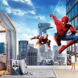 Spiderman Wallpaper New York for Boys Nursery - Cityscape Wall Mural Superhero - Self Adhesive Wallpaper Peel Stick Decor Playroom X351