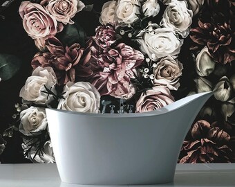 Watercolor Flower Wallpaper Bedroom. Dark Floral Wallpaper Removable Wallpaper Mural. Self Adhesive Wallpaper. Peel and Stick Wallpaper X183