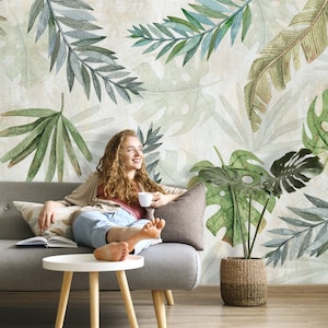Large Leaf Wallpaper Peel and Stick Bedroom, Jungle Wall Mural Tropical Decor Removable Wallpaper Leaves, Green Botanical Wall Paper X862
