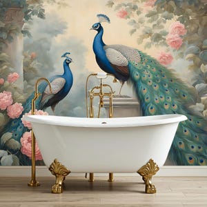 Peacock Chinoiserie Wallpaper Peel and Stick Vintage Style, Flowers Fresco Wall Art paper Mural Bedroom, Chinese Retro Decor Removable X762
