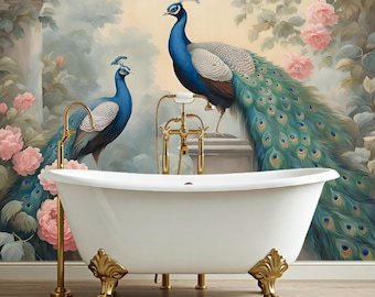 Peacock Chinoiserie Wallpaper Peel and Stick Vintage Style, Flowers Fresco Wall Art paper Mural Bedroom, Chinese Retro Decor Removable X762