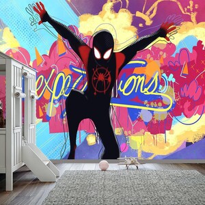 Spiderman Graffiti Wallpaper Modern Teenager Boy, Superhero Wallpaper Mural Room, Spider Verse Adhesive Peel Stick Kid Bedroom Decor X157