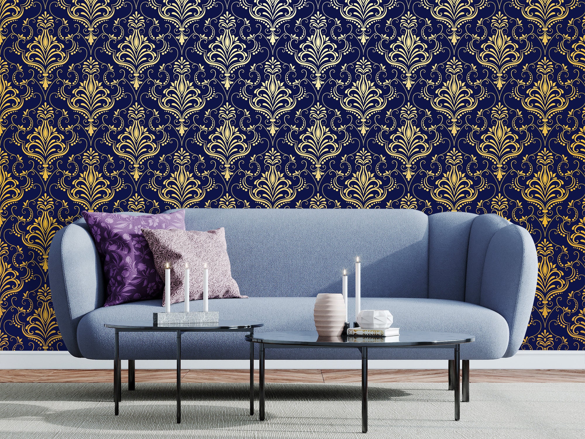 Metallic Gold Navy Blue Wallpaper Damask Decor Baroque - Etsy