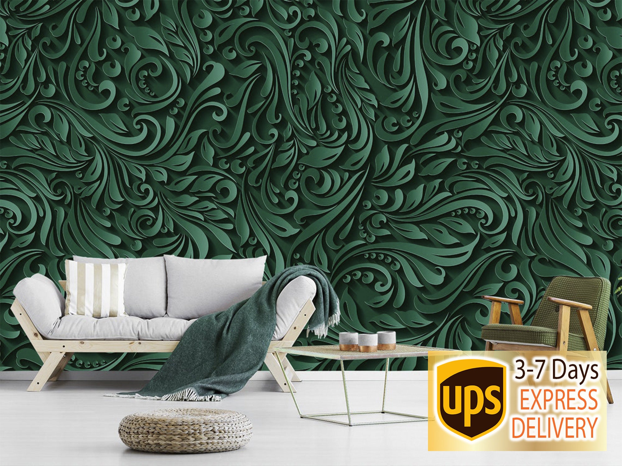Dark Floral Wallpaper 3D. Green Bohemian Wallpaper. Luxury | Etsy
