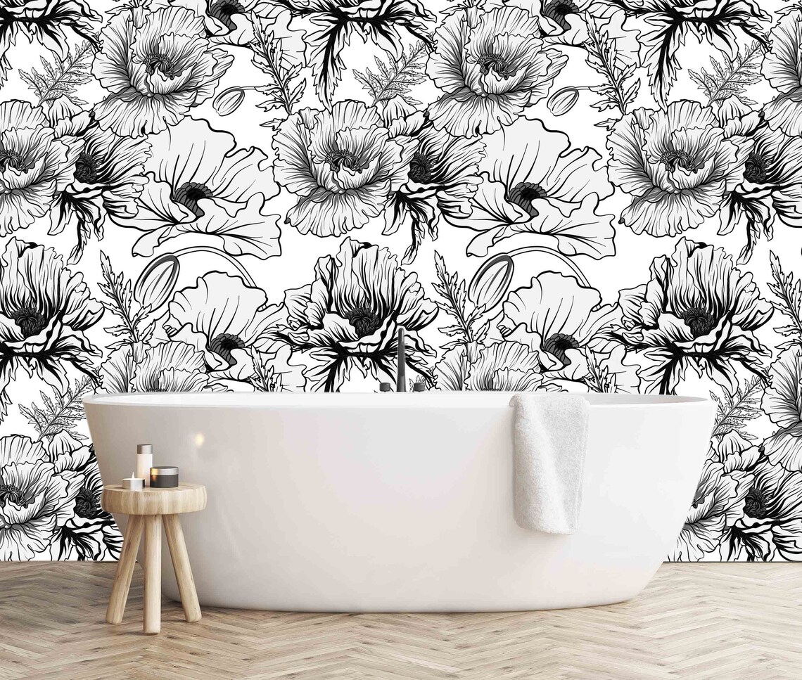 Floral Black and White Wallpaper. Flower Wallpaper. Removable Etsy