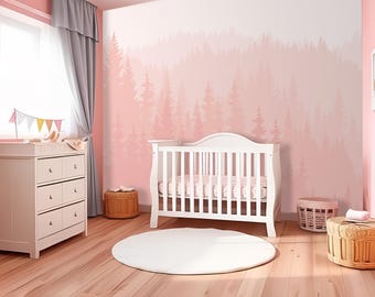 Minimal Woodland Wallpaper Peel and Stick for Nursery, Pink Pine Tree Mural Bedroom, Blush Nursery Wall Art Removable, Baby Girl Room Decor