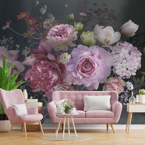 Watercolor Flower Wallpaper Bedroom. Dark Floral Wallpaper Etsy