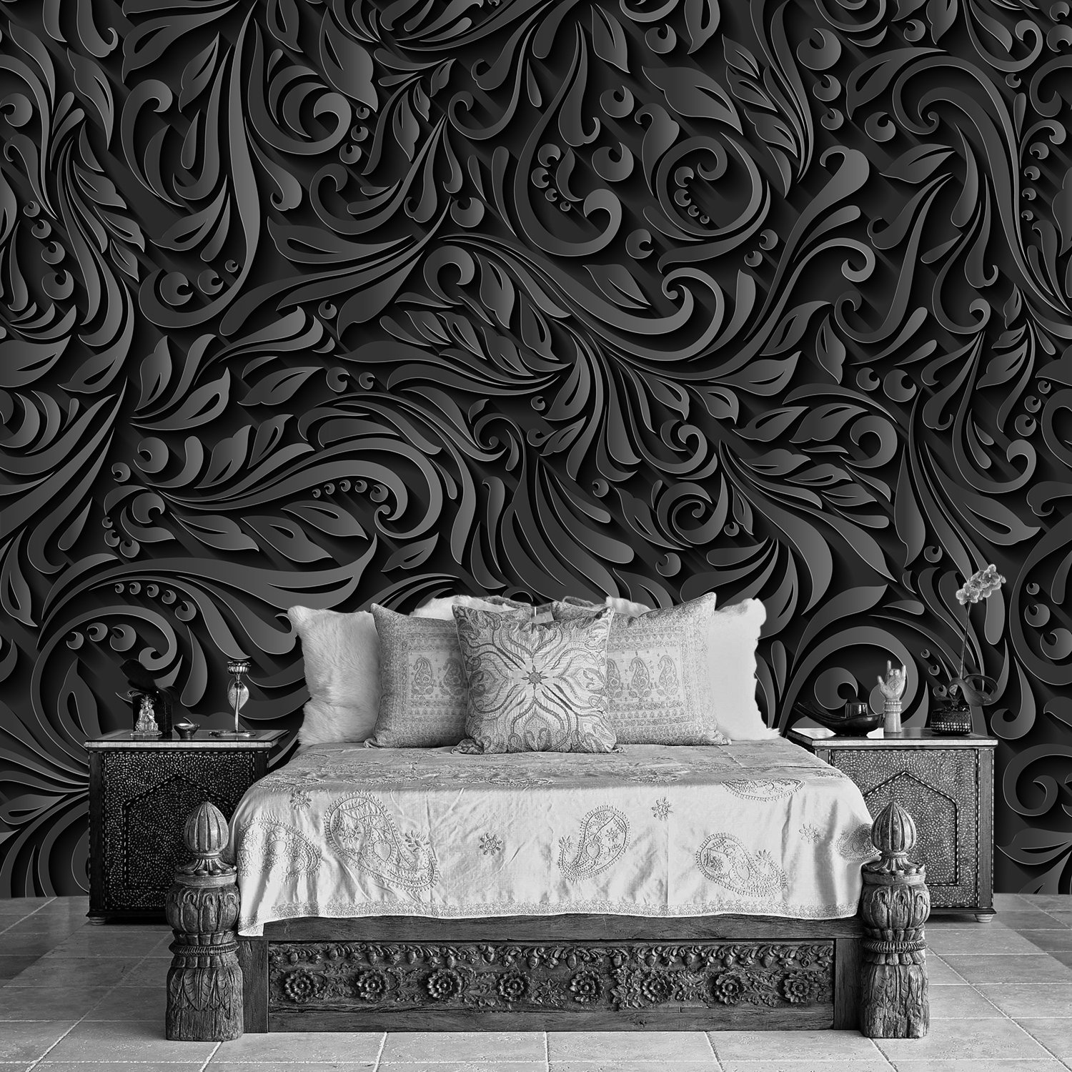 Dark Floral Wallpaper 3D. Black & White Wallpaper. Luxury Wall Etsy UK