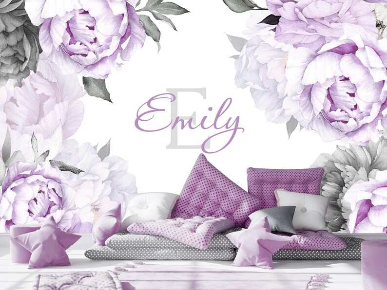Purple Accent Wallpaper Girl Nursery, Personalized Name Peony Wall ...