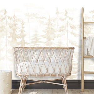 Scandinavian Forest Wallpaper Peel and Stick Baby Bedroom – Minimalist Beige Woodland Wall Mural for Modern Pastel Nursery or Play Space