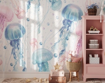 Jellyfish Wallpaper Peel and Stick Kids Room, Light Blue Underwater Wall Mural, Water World Pastel Baby Girl Nursery Marine Landscape