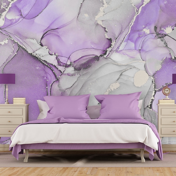 Purple Pastel Ombre Marble Wallpaper Peel & Stick, Not metalic Wall Mural Modern Wall Decor, Accent Self-Adhesive Wallpaper Marbling X867