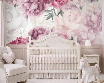 Bright Pink Peony Flower Wallpaper for Girl Nursery, Peonies Wall Mural Self Adhesive, Accent Wallpaper Newborn Bedroom Removable X715