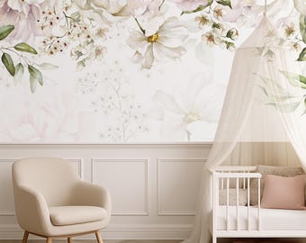 Floral Peony Wallpaper, Watercolor Nursery Decor (Peel & Stick or Paste-On)