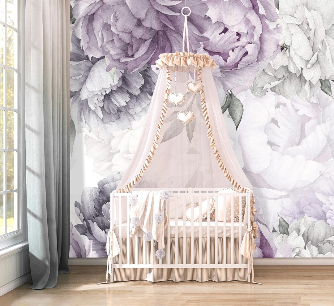 Purple Peony Wallpaper Peel and Stick Baby Girl Nursery, Watercolor ...