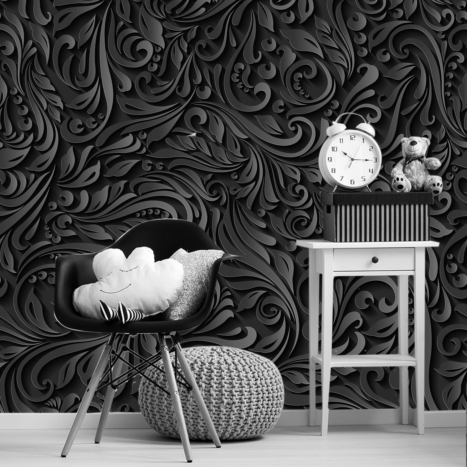 Dark Floral Wallpaper 3D. Black & White Wallpaper. Luxury Wall Etsy