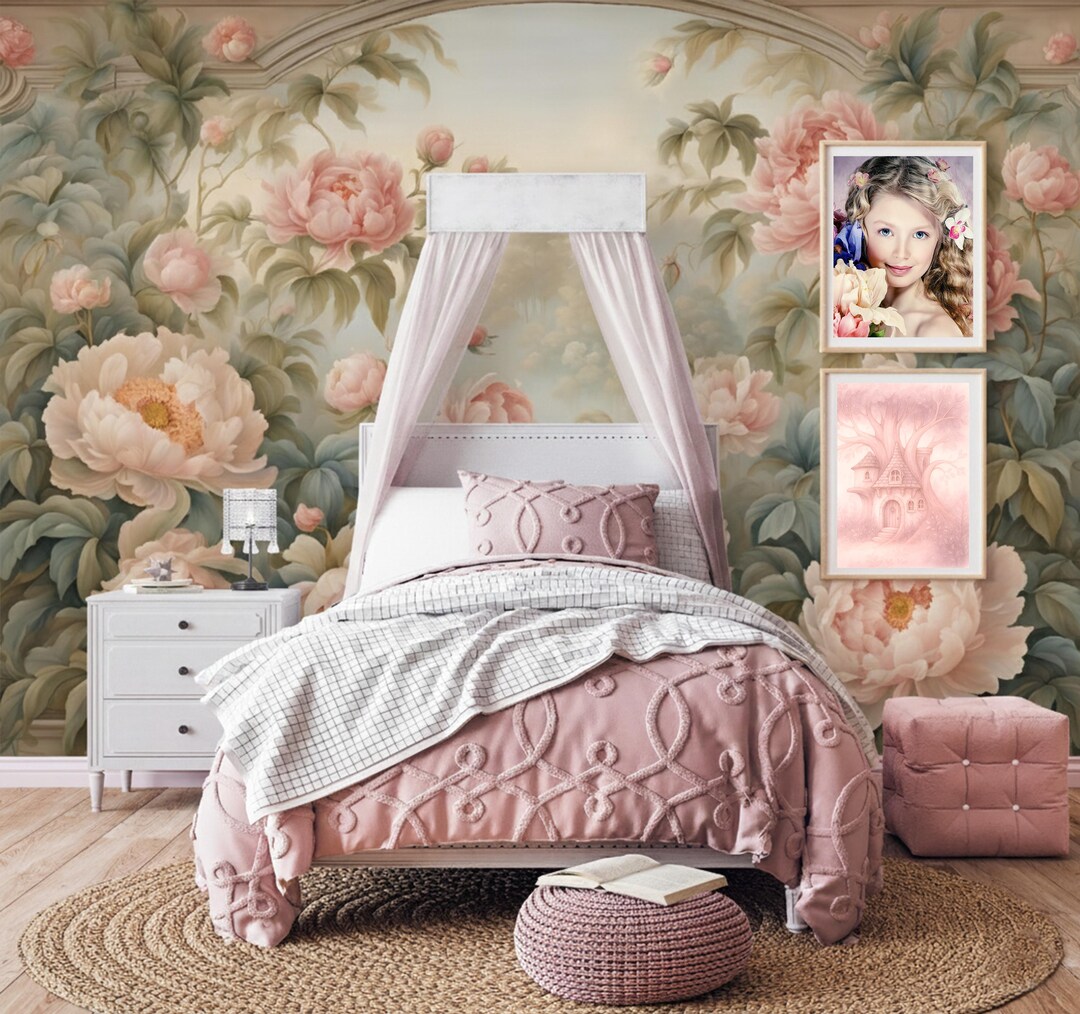 Classic Pastel Peony Wallpaper Peel and Stick Girl Room, Vintage Floral ...