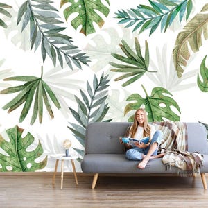 Botanical Wallpaper Peel and Stick Bedroom Decor, Green Tropical Wallpaper Removable Large Leaf Wall Mural Jungle Wallpaper Living Room X924