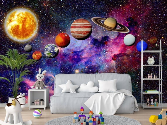 Rainbow Galaxy Solar System Wallpaper Space Wall Mural Kid - Etsy