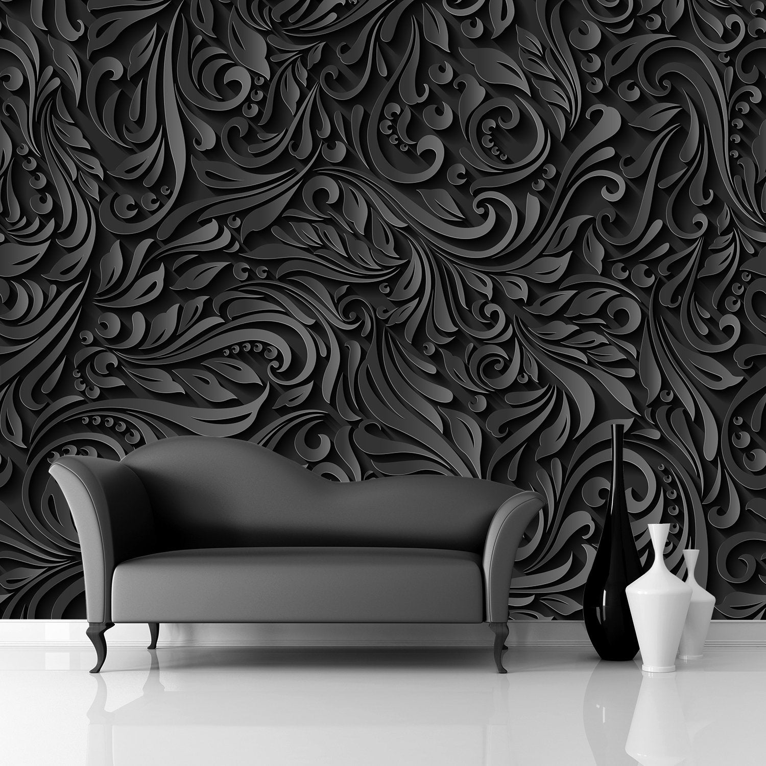 Dark Floral Wallpaper 3D. Black & White Wallpaper. Luxury Wall Etsy UK