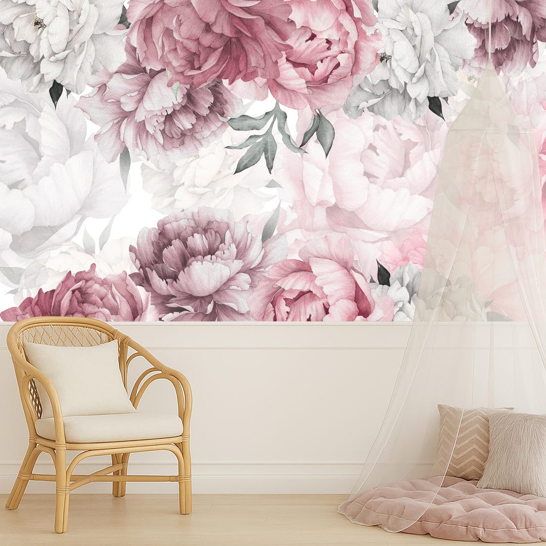 Peony Flower Wallpaper Peel and Stick for Girl Nursery, Pastel Floral ...