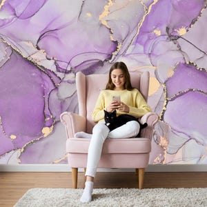 Purple Pastel Ombre Marble Wallpaper Peel and Stick, Alcohol Inks Wall Mural Modern Wall Decor, Accent Self-Adhesive Wallpaper Marbling X983