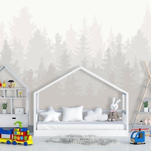 Pastel Pine Forest Wallpaper Baby Boy Girl Nursery, Woodland Wall Mural Toddler Room Decor, Hunting Playroom Wallpaper Neutral Children X955