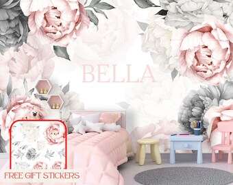 Personalized Watercolor Peony Wallpaper Mural Nursery Girl. Tender Peony Flower Wallpaper Kid Room. Large Floral Removable Wallpaper X868