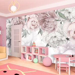 Peony Wall Mural Watercolor for Girl Room. Abstract Flower Wallpaper Nursery Kids. Pastel Wallpaper Remove Self Adhesive Peel & Stick X581
