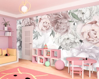 Peony Wall Mural Watercolor for Girl Room. Abstract Flower Wallpaper Nursery Kids. Pastel Wallpaper Remove Self Adhesive Peel & Stick X581