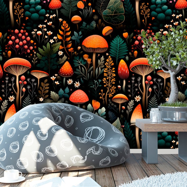 Mushroom Wallpaper Peel and Stick Dark Botanical Wallpaper Roll, Magic Forest Wallpaper Black Wall Mural Removable Adhesive Bedroom XC57