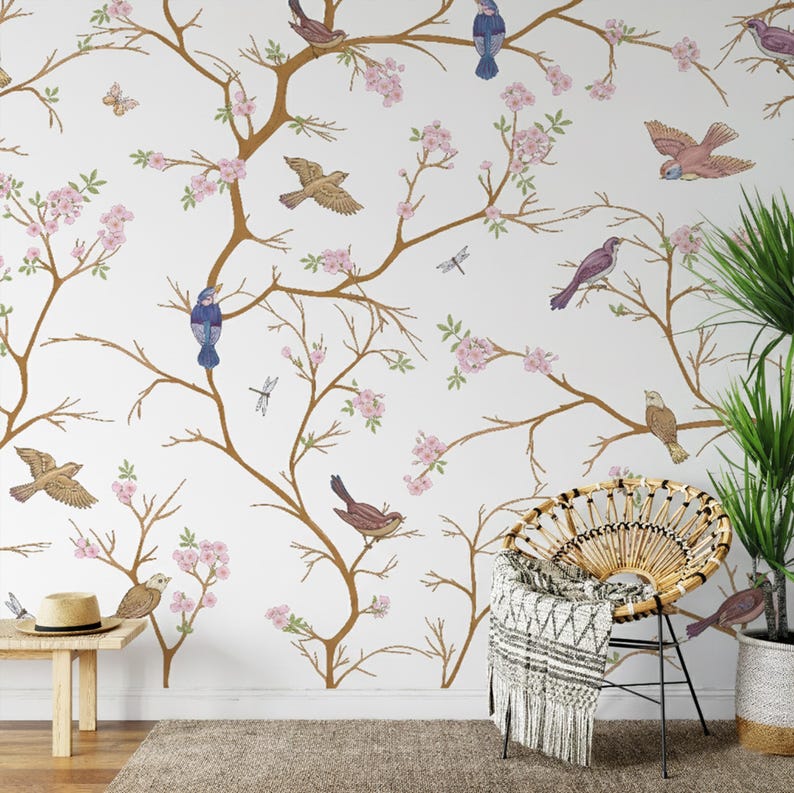 Chinoiserie Bird Nursery Wallpaper Peel and Stick With Blossoming ...