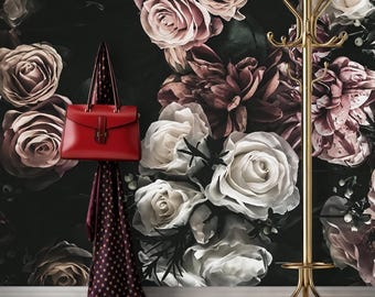 Watercolor Floral Wallpaper Rose, Dark Floral Wallpaper Self Adhesive Beauty Salon, Non Woven Wallpaper Peony Flower Wallpaper Mural X183