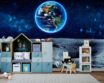 Self Adhesive Space Wallpaper Classroom. Dark Galaxy Wall Mural Planet Earth from Moon. Removable Galaxy Stars Peel and Stick Wallpaper X369