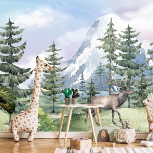 Woodland Animals Wallpaper Mural Bedroom, Forest Wallpaper Nursery Removable, Watercolor Deer Wall Decor Peel & Stick Adhesive Woven