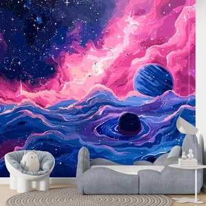 Galaxy Dreamscape Wallpaper Cosmic Peel and Stick Mural Space Planets Wall Decor for Bedroom Sci-Fi Playroom Starry Night Universe Aesthetic