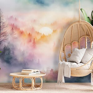 Sunset Outlander Wallpaper Peel and Stick Nursery, Ombre Nature Landscape Wall Mural, Woodland Pine Tree Forest Wall paper Adhesive X764