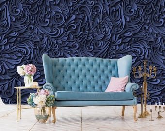 Navy Blue Floral Wallpaper 3D. Dark Gorgeous Wallpaper. Luxury wall decor. Remove Wallpaper Mural. Self Adhesive Wallpaper Peel & Stick X623
