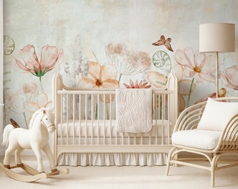 Flowers & Butterflies Wallpaper Peel Stick Girl Room, Watercolor Wildflowers Meadow Grasses Beige Tones, Floral Vintage Decor Nursery MM112