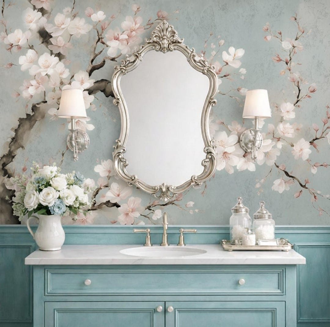 Chinoiserie Sakura Wallpaper Peel and Stick Powder Room, Blue Floral ...