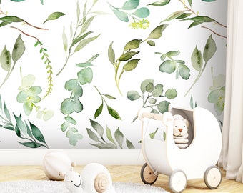 Watercolor Leaves Wallpaper Peel and Stick Nursery, Soft Green Eucalyptus Wallpaper Removable Bedroom Accent Botanical Wall Paper Mural X263