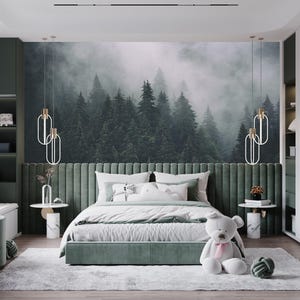 Woodland Forest Wallpaper Peel and Stick Boy Room, Foggy Mountain Landscape Wall Mural, Cloud Ombre Wallpaper Outlander decor Bedroom X409