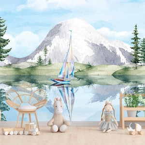 Woodland Wallpaper Peel and stick Girl Lake Nursery, Mountain Wallpaper Kids Room, Pine Forest Wall Paper Mural Playroom Toddler Boy X121