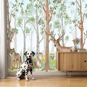 Birch Forest Wallpaper Mural Kids Room, Forest Animals Nursery Decor, Woodland Baby Unisex Wall Mural, Adhesive Wallpaper Toddler Room X76