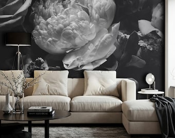 Large Peony Flower Wallpaper Black and White. Dark Floral Wallpaper for Girl Room. Accent Peonies Wall Mural Removable Peel & Stick  X679